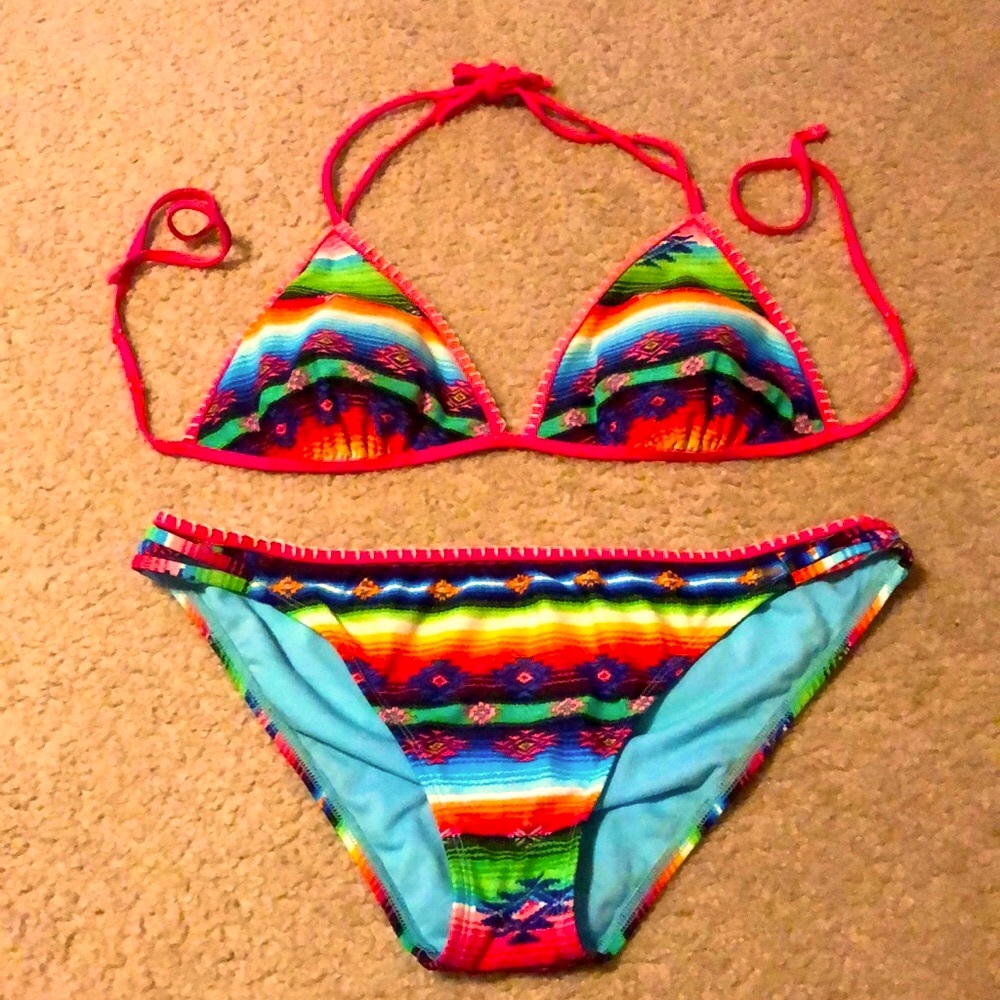 Hobie Multicolor Striped Triangle Bikini - Pink Trim